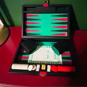 SOLD. Vintage 1960s Midcentury Backgammon Set in Black Leatherette Carrying Case